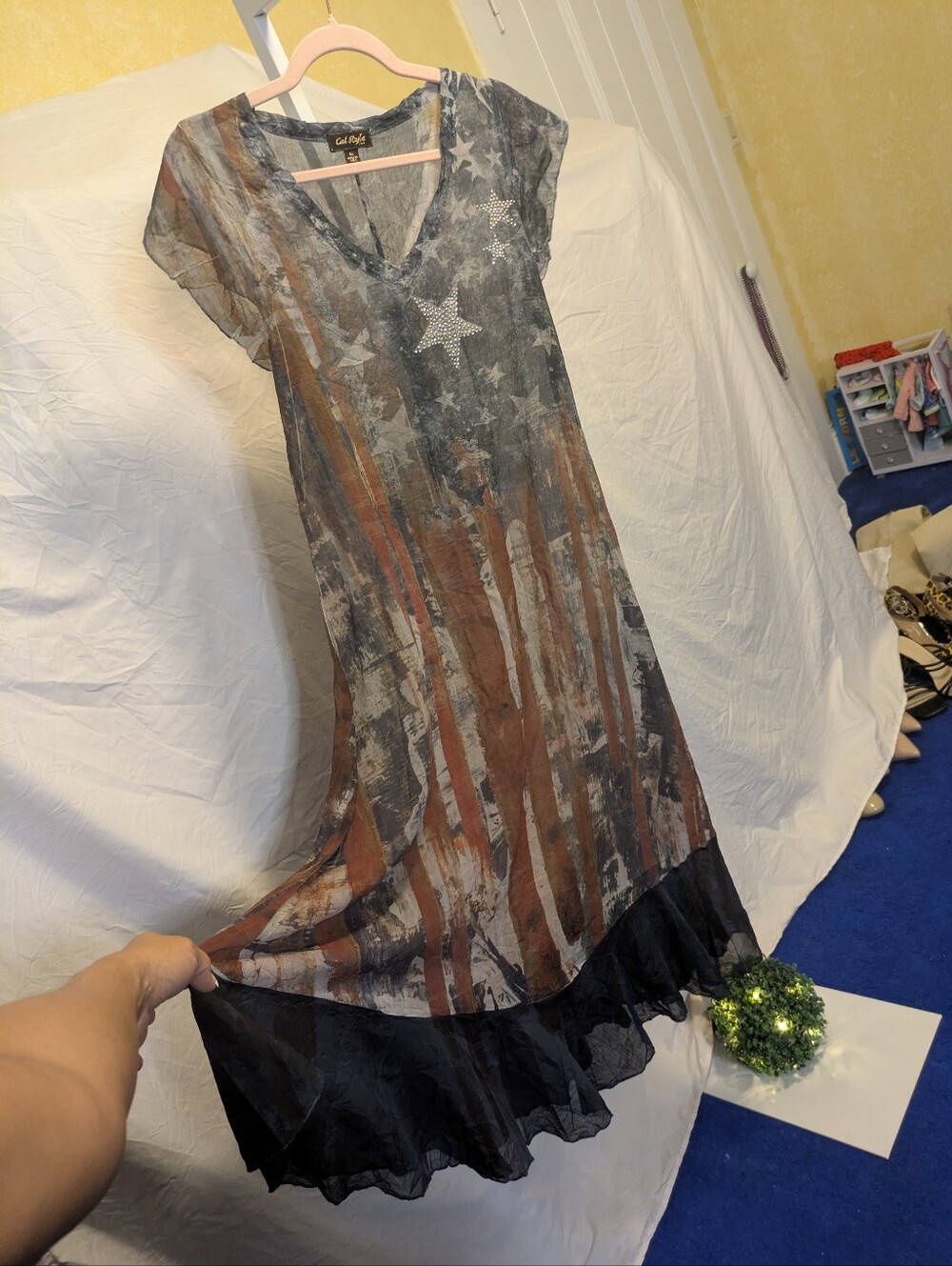 Cal Style USA Patriotic American Flag Midi Dress Rhinestone Stars Medium - Picture 7 of 13